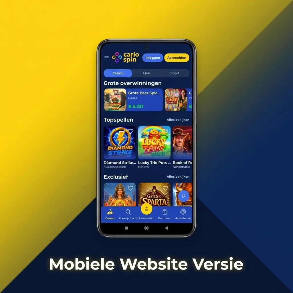 Mobiele website van Carlospin direct toegankelijk in je browser, zonder installatie, met live weddenschappen en casinospellen.
