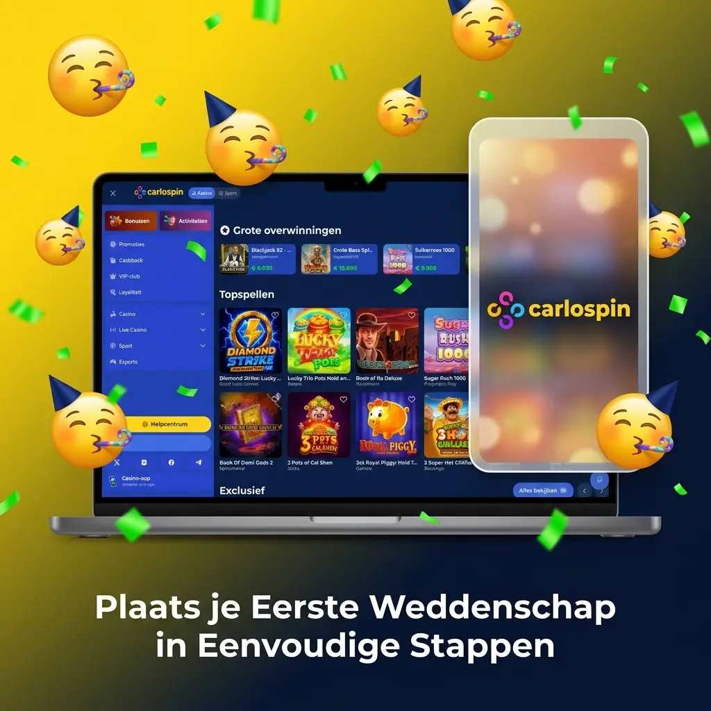 Stappenplan voor het plaatsen van je eerste weddenschap op Carlospin: inloggen, sport kiezen, markt selecteren en bevestigen.