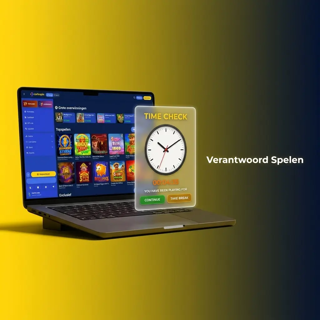Carlospin dashboard met tools voor verantwoord spelen: stortingslimieten, zelfuitsluiting en tijdslimieten instellen.